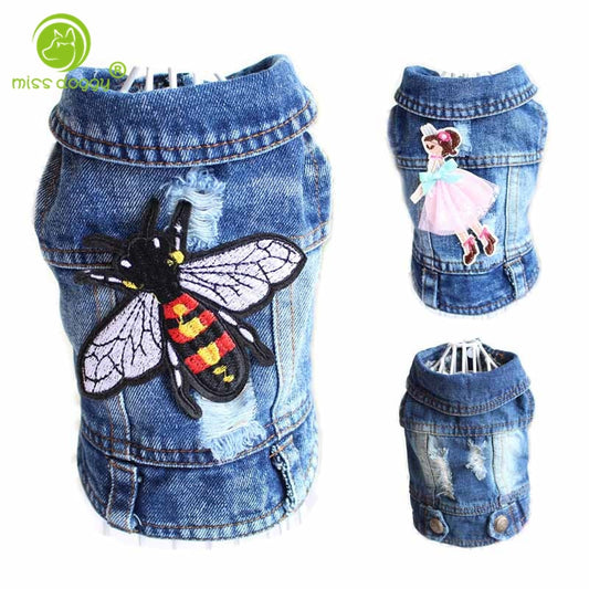 Fly Embroidered Pet Clothes Hole Cowboy Jean Clothes for Small Dogs Autumn Chihuahua Dog Jacket Factory Direct Sale Dog