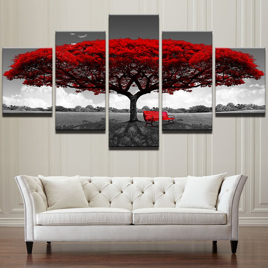 5 Piece Red Tree Modular Canvas Art