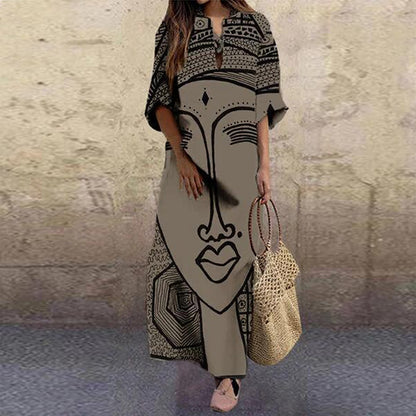 Vintage Portrait Print Dress Abstract Face High Waist Women Dresses