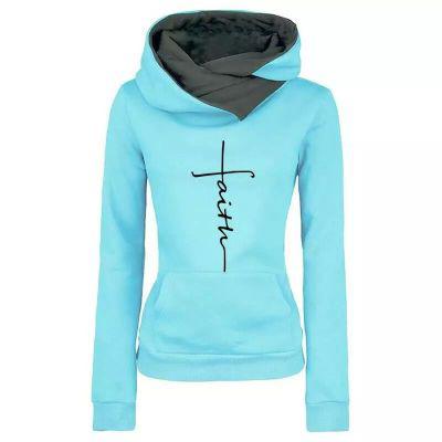 Autumn Winter Hoodies Sweatshirts Women Faith Embroidered Sweatshirt Long Sleeve Pullovers Christmas Casual Warm Hooded Tops