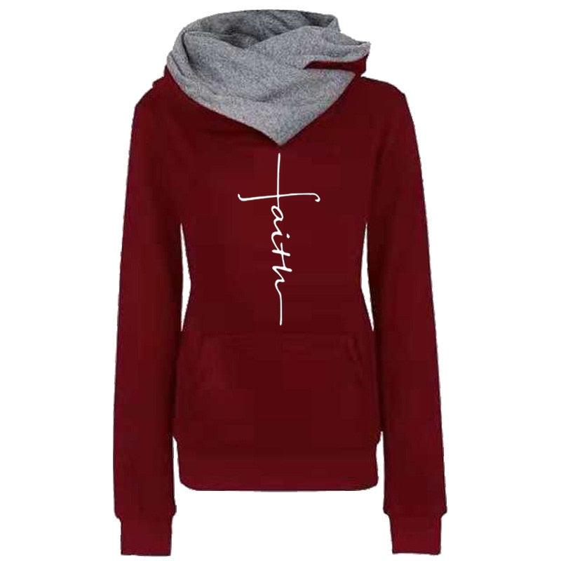 Autumn Winter Hoodies Sweatshirts Women Faith Embroidered Sweatshirt Long Sleeve Pullovers Christmas Casual Warm Hooded Tops