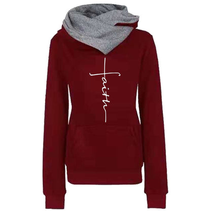 Autumn Winter Hoodies Sweatshirts Women Faith Embroidered Sweatshirt Long Sleeve Pullovers Christmas Casual Warm Hooded Tops